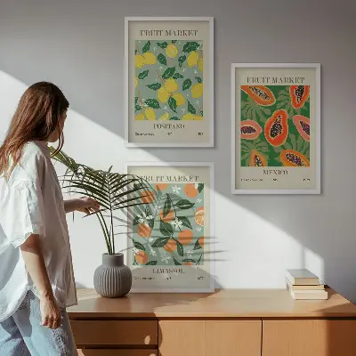 Three-piece lemon and papaya wall art set fruit posters