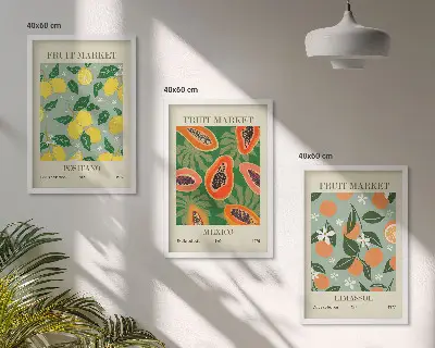 Three-piece lemon and papaya wall art set fruit posters