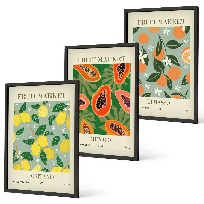 Three-piece lemon and papaya wall art set fruit posters