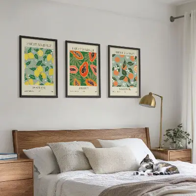 Three-piece lemon and papaya wall art set fruit posters