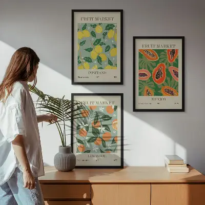Three-piece lemon and papaya wall art set fruit posters