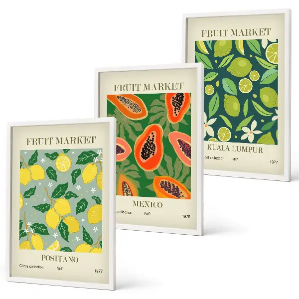 Set of 3 framed wall art pieces with fruity lemon and papaya patterns