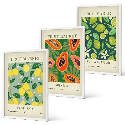 Set of 3 framed wall art pieces with fruity lemon and papaya patterns