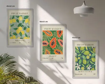 Set of 3 framed wall art pieces with fruity lemon and papaya patterns