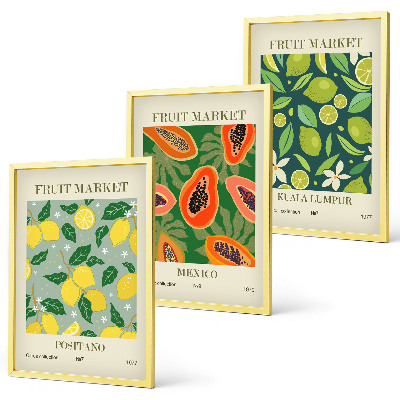 Set of 3 framed wall art pieces Fruity lemon and papaya patterns