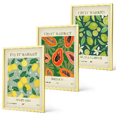 Set of 3 framed wall art pieces with fruity lemon and papaya patterns