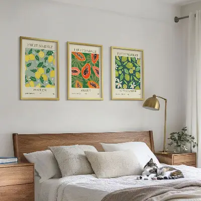 Set of 3 framed wall art pieces with fruity lemon and papaya patterns