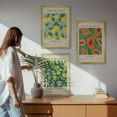 Set of 3 framed wall art pieces with fruity lemon and papaya patterns