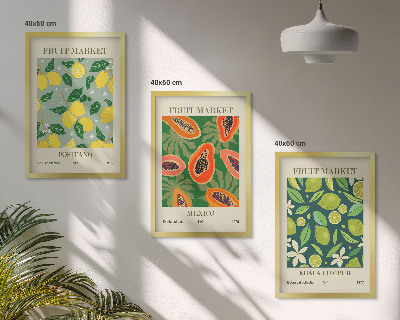 Set of 3 framed wall art pieces Fruity lemon and papaya patterns