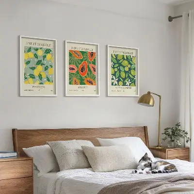 Set of 3 framed wall art pieces with fruity lemon and papaya patterns