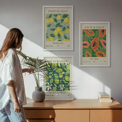 Set of 3 framed wall art pieces with fruity lemon and papaya patterns