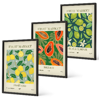 Set of 3 framed wall art pieces Fruity lemon and papaya patterns