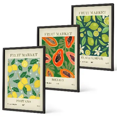 Set of 3 framed wall art pieces with fruity lemon and papaya patterns