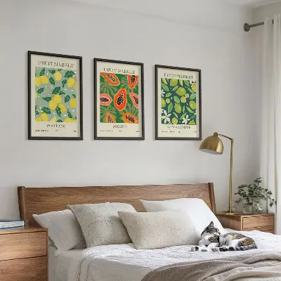 Set of 3 framed wall art pieces with fruity lemon and papaya patterns