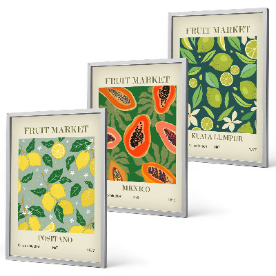 Set of 3 framed wall art pieces Fruity lemon and papaya patterns