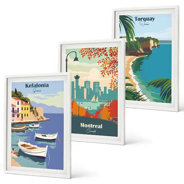 Three-piece wall art set featuring cityscapes from Greece, Canada, and Australia