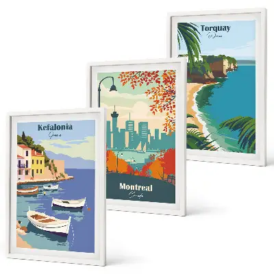 Three-piece wall art set featuring cityscapes from Greece, Canada, and Australia