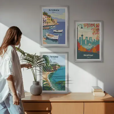 Three-piece wall art piece Cityscapes from Greece, Canada, Australia