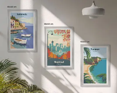 Three-piece wall art set featuring cityscapes from Greece, Canada, and Australia