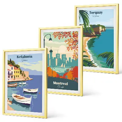 Three-piece wall art set featuring cityscapes from Greece, Canada, and Australia