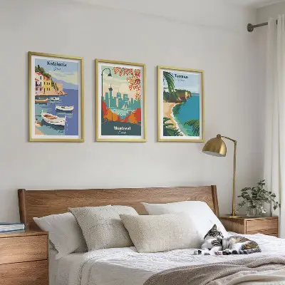Three-piece wall art set featuring cityscapes from Greece, Canada, and Australia