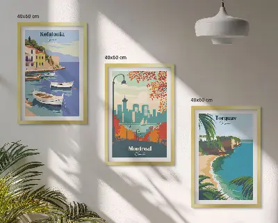 Three-piece wall art set featuring cityscapes from Greece, Canada, and Australia