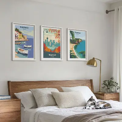 Three-piece wall art set featuring cityscapes from Greece, Canada, and Australia