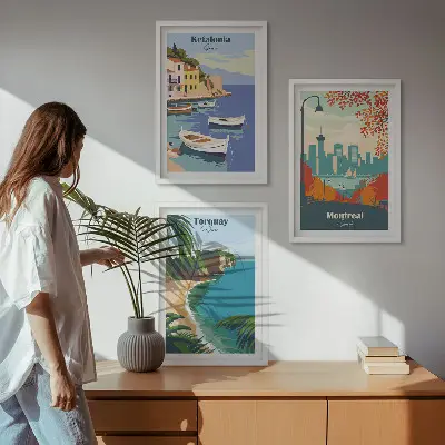 Three-piece wall art set featuring cityscapes from Greece, Canada, and Australia
