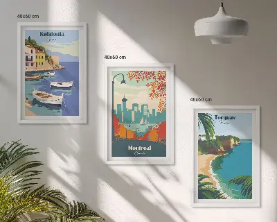 Three-piece wall art set featuring cityscapes from Greece, Canada, and Australia