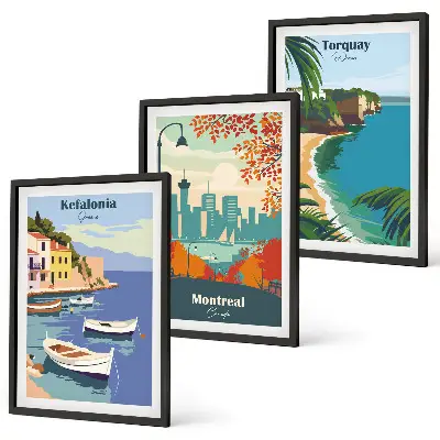Three-piece wall art set featuring cityscapes from Greece, Canada, and Australia