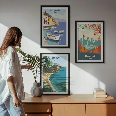 Three-piece wall art set featuring cityscapes from Greece, Canada, and Australia