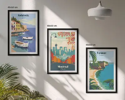 Three-piece wall art set featuring cityscapes from Greece, Canada, and Australia