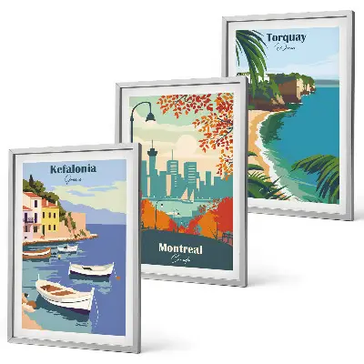 Three-piece wall art set featuring cityscapes from Greece, Canada, and Australia