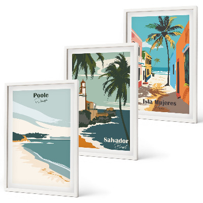 Set of 3 framed wall art pieces Tropical beaches and palm trees