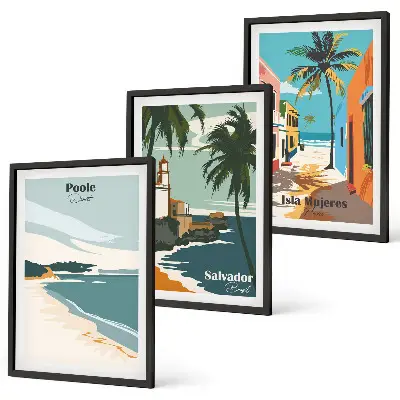 Tropical beaches and palm trees framed wall art set of 3 pieces