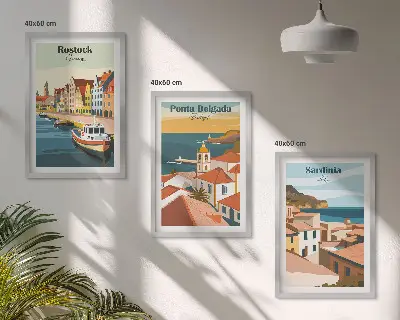 Wall art set featuring views of European coastal cities