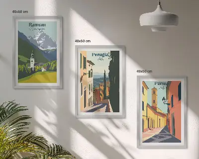 Three-piece mountain landscape wall art featuring scenes of Italy
