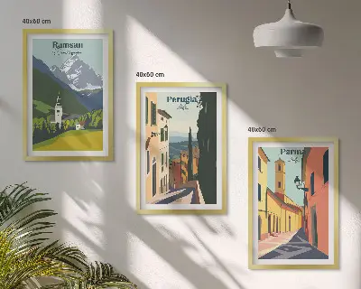 Three-piece mountain landscape wall art featuring scenes of Italy