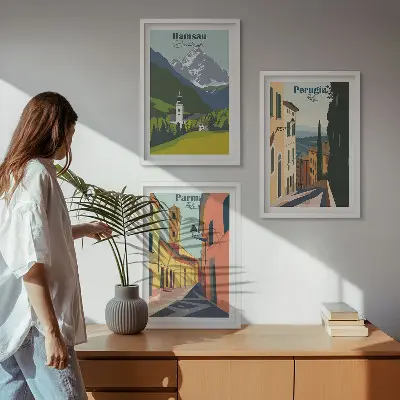 Three-piece mountain landscape wall art featuring scenes of Italy