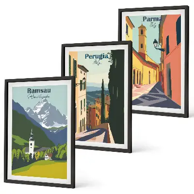 Three-piece mountain landscape wall art featuring scenes of Italy