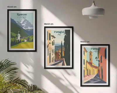 Three-piece mountain landscape wall art featuring scenes of Italy