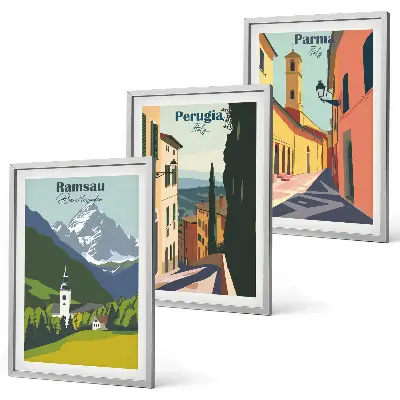 Three-piece mountain landscape wall art featuring scenes of Italy