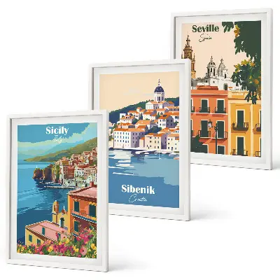 Set of 3 framed wall art pieces featuring city landscapes with buildings
