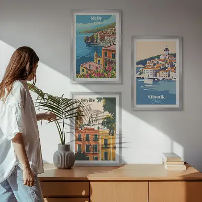 Set of 3 framed wall art pieces featuring city landscapes with buildings