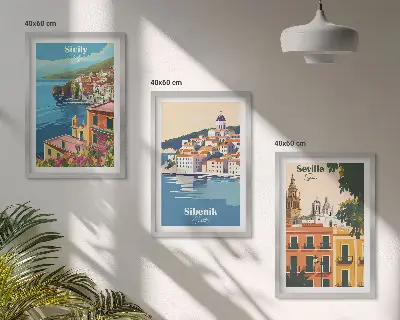 Set of 3 framed wall art pieces featuring city landscapes with buildings
