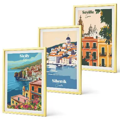 Set of 3 framed wall art pieces featuring city landscapes with buildings