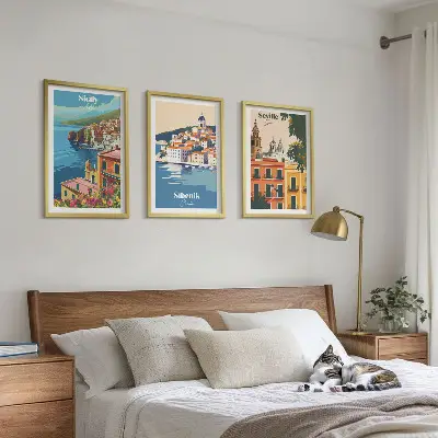 Set of 3 framed wall art pieces featuring city landscapes with buildings