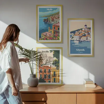 Set of 3 framed wall art pieces featuring city landscapes with buildings