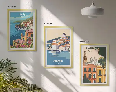 Set of 3 framed wall art pieces City landscapes with buildings