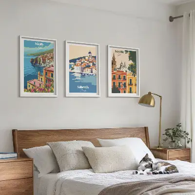 Set of 3 framed wall art pieces City landscapes with buildings
